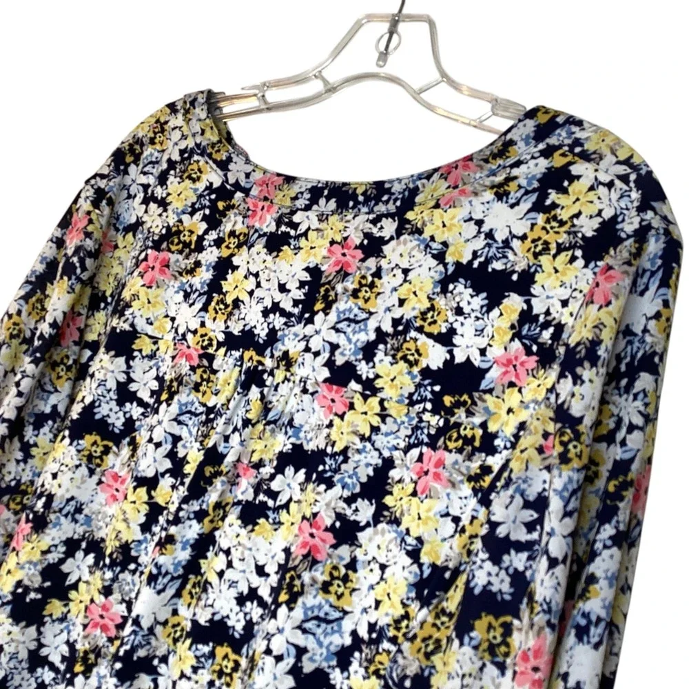 Charter Club Womens 1X Navy Floral Print Pleated V Neck Long Sleeve Tunic Top‎